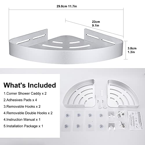 DUFU Adhesive Corner Shower Caddy with Hooks, Silver, 2 Pack | Bathroom Shower Organizer, No Drilling, Rust Proof Aluminum Shower Shelf For Inside Shower - color: Silver