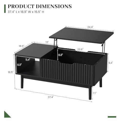 Fluted Lift Top Coffee Table with Storage, Black | Modern Coffee Table for Living Room, Home Office - color: Black, size: 18.9"D x 37.4"W x 16.5"H
