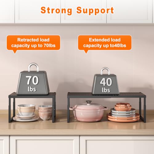Shelf Organizer Riser For Cabinet Pantry Kitchen Countertop Cupbaord Closet | Expandable Width, Adjustable Height, Stackable As 2-Tier Shelf Rack, Snap-Button: Easily Adjust Height, Heavy Duty Metal - color: Black-1 Pack