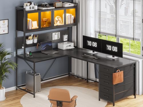 SEDETA L Shaped Gaming Corner Desk with Drawers, Hutch and Storage Shelves | Reversible Computer Desk, Gaming Desk with Pegboard, Led Lights, and Power Outlet for Home Office, Small Space, Black - color: Black