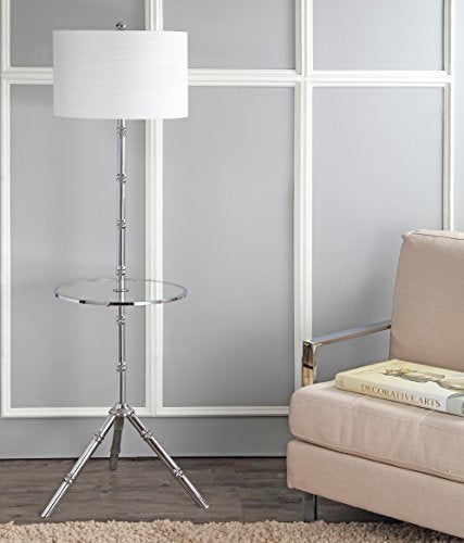 JONATHAN Y Hall 62" Metal LED End Table Floor Lamp, Chrome | 20.5" Round Surface, White Linen Drum Shade, Modern Tripod Base, Standing Light, Living Room, Bulb Included - color: Chrome