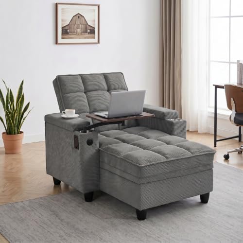 Convertible Sleeper Chair, Pull Out Sofa Bed with Adjustable Backrest & Hidden Storage Armrest, Single Sofa Recliner with USB Charging Port & Cup Holders for Living Room, Bedroom, Dark Gray - color: C-dark Gray-eb