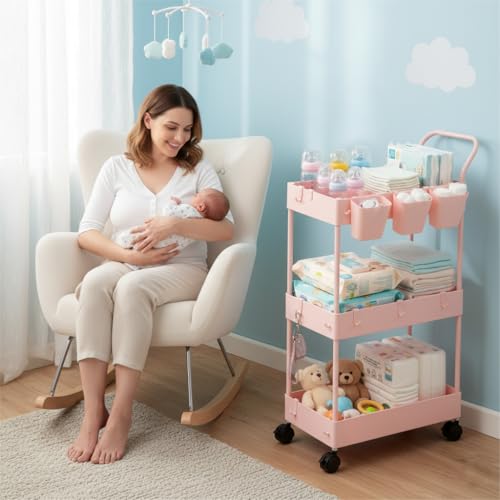 Slim Storage Cart, 3 Tier Narrow Rolling Cart on Wheels Bathroom Organizer with Dividers Handle Hanging Cups Hooks for Laundry Room Kitchen Small Spaces, Pink - style: 3 Tier Pink