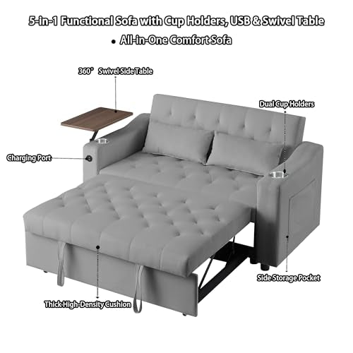 3-in-1 Convertible Sleeper Sofa Bed, Pullout Couch with 360° Swivel Side Table, Modern Chenille Fabric, Easy to Assemble, Folding Loveseat Sofa Bed for Living Room & Guest Room - color: Grey Sofa Bed