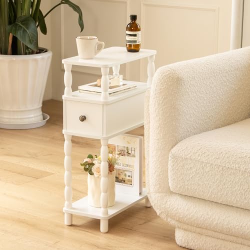 MaxSmeo White Narrow End Table, Small Side Table Living Room, Skinny Bedside Table Nightstand with Drawer for Small Spaces, Bedroom (White) - color: White