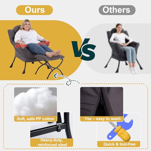 Lazy Chair with Ottoman, Comfy Reading Chair for Bedroom,Grey | Comfy Bedroom Accent Chair with Washable Removable Cover and extra throw pillow for Living Room Dorm - color: Shadow Grey