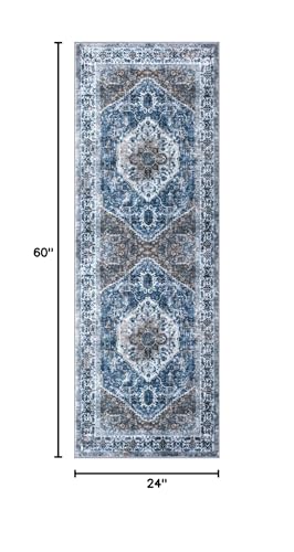 KOZYFLY Runners for Hallways 2x5 Ft Washable Kitchen Runner Rug Boho Runner Rug for Entryway Indoor Blue Printed Oriental Faux Wool Floor Carpet Runner for Laundry Room Kitchen Hall - color: Blue/Brown/White, size: 2' x 5' (Runner)