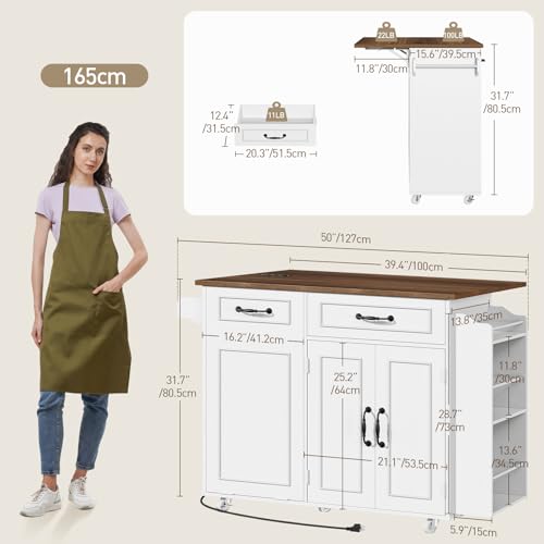 Kitchen Island with Power Outlet & Drop Leaf, Mobile Rolling Cart with Trash Can Storage, 3-Tier Spice Rack, Island Table for Kitchen, Dining Room, White and Walnut - color: White + Walnut