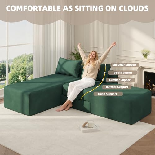 Boneless Sectional Couch, 4 in 1 Convertible Cloud Couch with Reversible Chaise & Deep Seat, Modular Sectional Sofa for Apartment, No Assembly Chenille Foam Couch in a Box, Green - color: Green, size: 89" Convertible Chaise Chenille