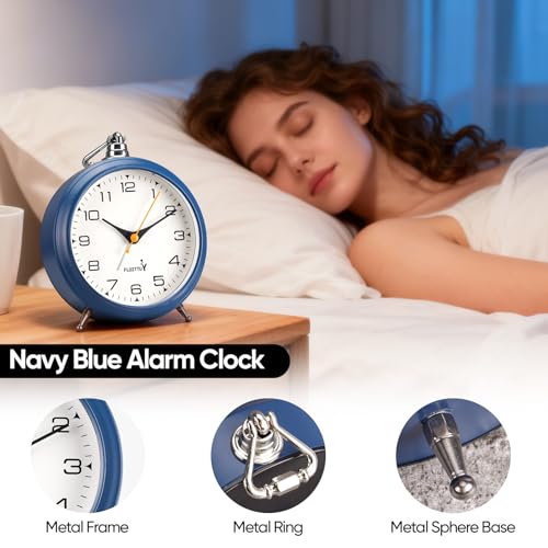 FLOITTUY 4.5" Battery Operated Antique Retro Analog Metal Alarm Clock, Silent Bedside Desk Clock, Wall-Hanging Vintage Clock(Navy Blue) - color: Navy Blue