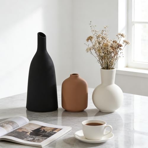 Ceramic Vase Home Table Decor, Rustic Farmhouse Decor, Small Vases Set of 3 for Table Bookshelf Mantel Kitchen Living Room Office Vintage Aesthetic Decorative (Earthy Color Palette) - color: Earthy Tones