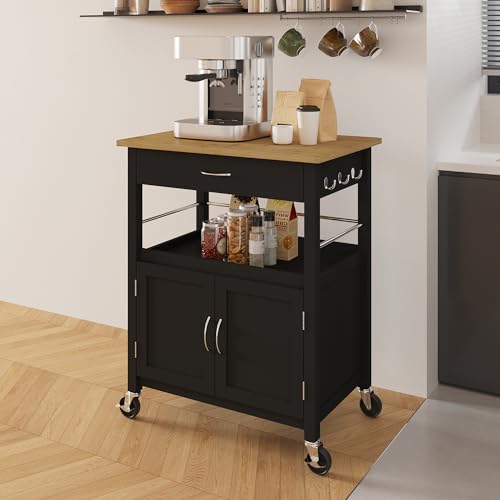 Kitchen Island Cart on Wheels, Black Base, Natural Bamboo Top | Drawer, Storage Cabinet, Shelf, Butcher Block - color: Black Base