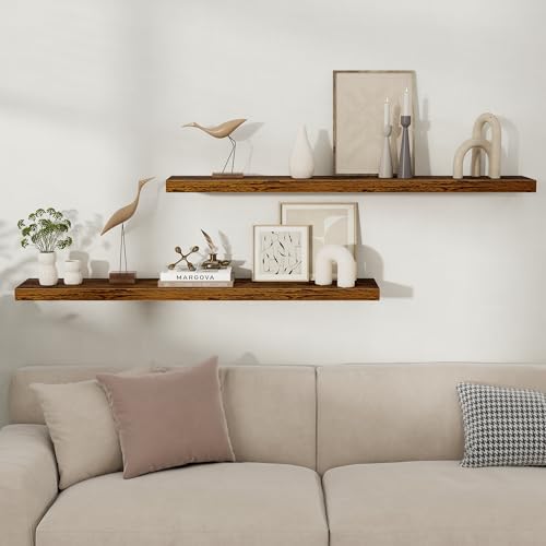 Fun Memories Floating Shelves for Wall, 48 Inch Long Set of 2 Rustic Wood Wall Shelves with Invisible Brackets, Heavy Duty Storage Display for Living Room Bedroom Kitchen, Brown - color: Rustic Brown, size: 8"D x 48"L - 2Pack