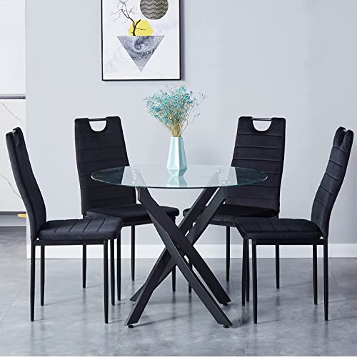 Round Dining Table for 2-4, 31.5 Inch Tempered Glass Small Circle Kitchen Table with Metal Black Legs, Modern Dining Room Table for Kitchen Dining Room (Black) - color: Black, size: 31.5”x31.5”x29.5”