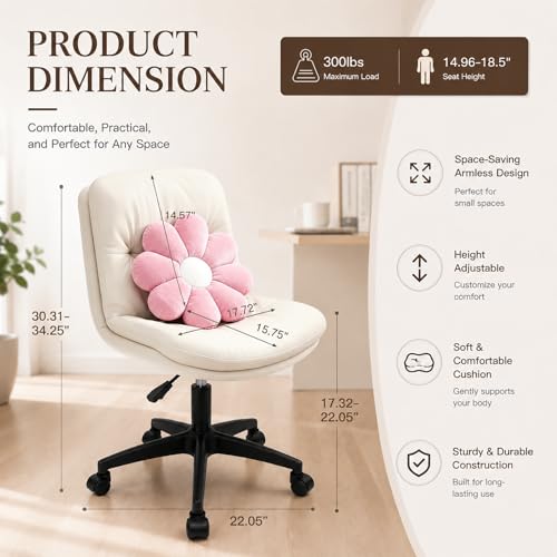 Vanity Chair with Back, Armless office Chair with wheels and Lumbar support, Comfy PU Leather Desk Computer Chairs with Adjustable Height, 360°Swivel for Home Office, Computer Desk & Vanity Beige - color: White