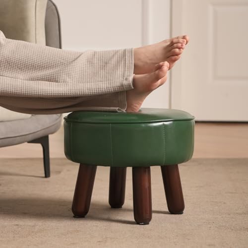 oakvivo 13in Small Foot Stool Ottoman, Round Faux Leather Footrest | Green Under Desk Pouf Footstool Foot Rest with Non-Skid Rubber Legs for Ling Room, Bedroom, 13''L x 13''W x 10.2''H - color: Green