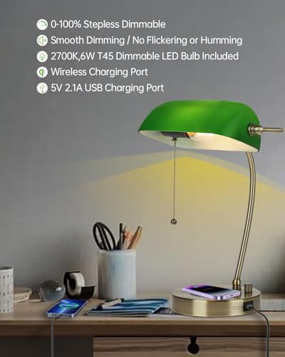 Stepless Dimmable Green Glass Bankers Desk Lamp,LED Bulb Included | Wireless Charger,USB Charging Port for Home Office Table Lamp Plug in Fixture - color: Green-Wireless Charging