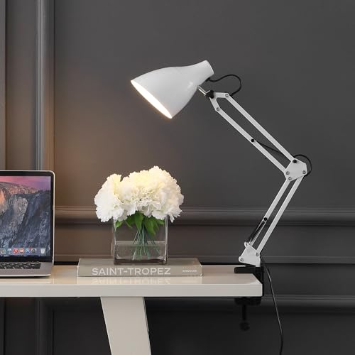JONATHAN Y Odile 28.5" Metal Adjustable Clamp-On Task Lamp, White | Industrial Articulated Swing Arm Architect Design, Vintage Shade, In-Line Switch, Studio Work, LED Bulb Included - color: White