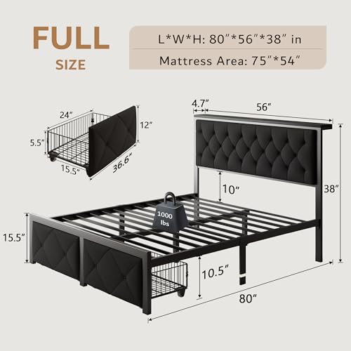 iPormis Full Bed Frame with 2 Storage Drawers, Linen Upholstered Headboard Platform Bed with Charging Station, No Box Spring Needed, Metal Slats Support, Noise-Free, Easy Assembly, Black - color: Black, size: Full