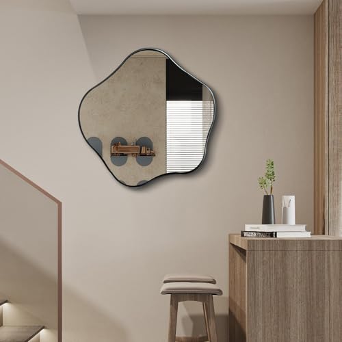 Scalloped Irregular Mirror, 24" Asymmetrical Art Deco Wall Mirror with Gold Metal Frame, Wavy Decorative Accent Mirrors for Entryway Bedroom Living Room, Horizontal or Vertical Hanging - color: Black, size: 24"L x 24"W