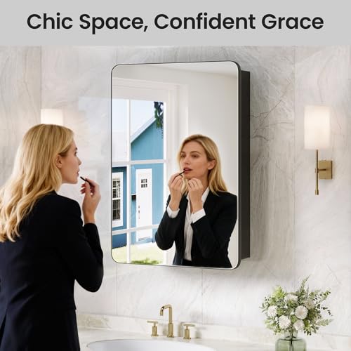 24 x 30 Black Medicine Cabinet Mirror, Recessed or Surface Mount | Bathroom mirror with storage: 6 adjustable shelves fit tall bottles; DTC soft-close hinges; rust-resistant aluminum - size: 24" x 30"