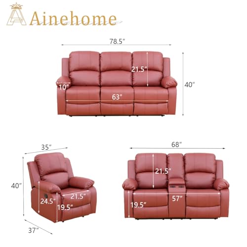 A Ainehome Living Room Furniture Set Leather Recliner Sofa Set Loveseat Chair Furniture Sofa Set for Living Room/Small Space/Rv/House/Office/Theater Seating (A-Red Leather, 3 Piece Set) - color: A-red Leather, size: 3 piece set
