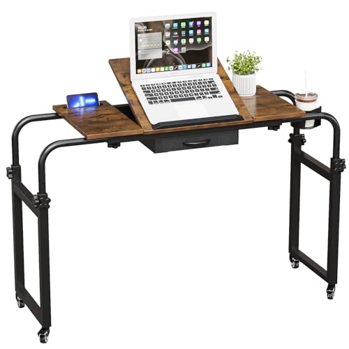 GiftGo Overbed Table with Wheels Rolling Laptop Desk Cart Table for Recliner Over Chair Adjustable for Hospital and Home Use Over The Bed Table with Storage Drawer and Cup Holder (Rustic Brown) - color: Rustic Brown
