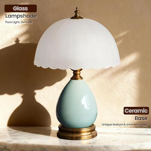 Vintage Ceramic Small Table Lamp with White Glass Shade | 15.7" Plug In Dimmable Nightstand Accent Desk Lamp for Bedroom Bedside & Cottage, Aesthetic Home Decor, Bulb Included - style: Pear + White Glass