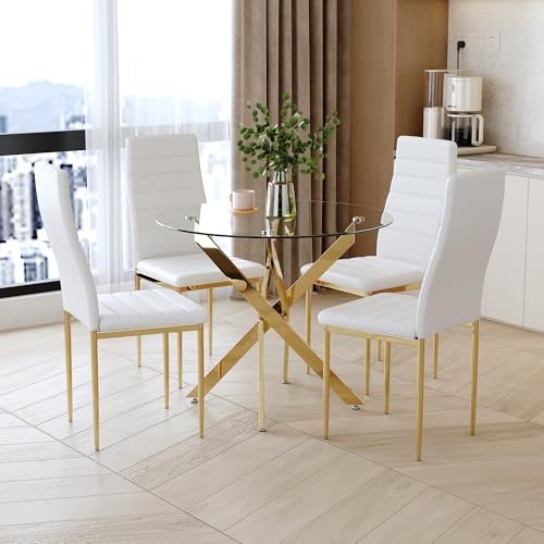 Round Tempered Glass Dining Table for 2-4 with Chromed Legs, 35.5 Inch Modern Small Kitchen Table Dining Room Table for Kitchen Dining Room (Gold) - color: Chrome Gold, size: 35.5" x 35.5" x 29.5"
