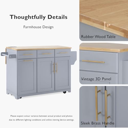 59.3" Rolling Kitchen Island with Trash Can Storage, Mobile Kitchen Storage Island with Drop Leaf, Power Outlet, Pull Out Cabinet Organizer (Greyblue) - color: Greyblue