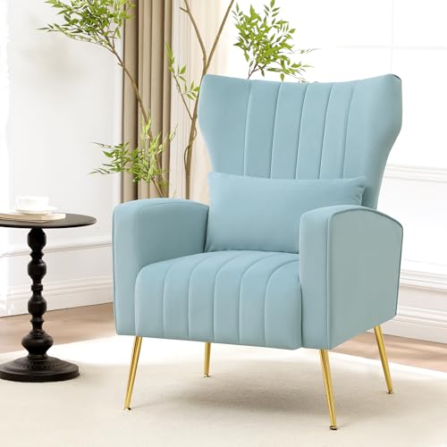 Modern Accent Chair Upholstered Living Room Chair,High Back Arm Chair with Metal Legs Lumbar Reading Chair for Bedroom, Apartment, Small Spaces Sky Blue - color: Sky Blue, size: Set of 1