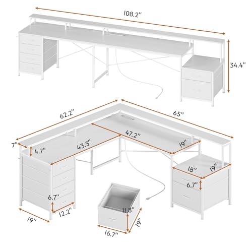 SEDETA L Shaped Computer Desk with 6 Drawer, File Drawer & Power Outlet | 108" Corner Computer Desk with Monitor Shelf, File Cabinet for Home Office/Two Person, Gaming Desk with Led Lights, White - color: White