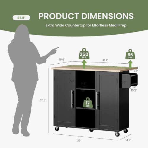 DUMOS 42in Kitchen Island with Storage, Drop Leaf, Spice Rack, Towel Rack | Rolling Cart on Wheels, Adjustable Shelves, Wood, Mobile Utility Serving Table, Living Room, Dining Room, Black - color: Black