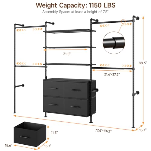 T3 Closet System with Stepless Dimmable LED Light & 4 Large Drawers | Adjustable from 6'6'' to 8'11'', Heavy Duty Industrial Pipe Clothing Rack with 6 Wooden Shelves & 4 Telescopic Rods, Black - color: Black