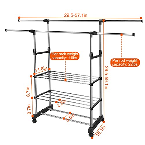 Double Rods Clothes Rack, Stainless Steel Extendable Clothing Garment Hanging Rack Shoe Display Organizer with Rolling Wheels Hold up to 77LBS - size: 59.1"D x 16.1"W x 57.1"H