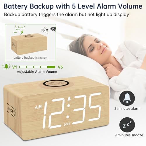 DreamSky Wooden Digital Alarm Clock with Wireless Charging for Bedroom | Bedside Nightstand Clock with Charger Station, USB Port, Large Numbers, Adjustable Volume, Brightness Dimmer, DST - color: Bamboo