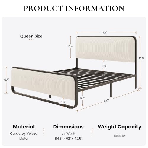 SHA CERLIN Queen Size Metal Bed Frame with Upholstered Headboard, Cream | Curved Upholstered Headboard and Footboard, Large Under Bed Storage, No Box Spring Needed - color: Cream, size: Queen