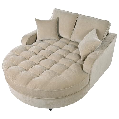 55" Modern 2-Seater Chaise Lounge Sofa Bed - Chenille Upholstered Loveseat Couch with Tufted Seat & Detachable Pillows, Space-Saving Sleeper Sofa (Champagne) - color: Champagne