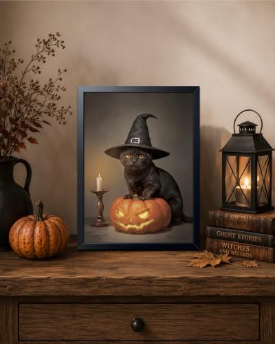 REZFGU Halloween Black Cat Pumpkin Canvas Framed Poster Painting Print Picture, Witch Hat Cat Wall Art, Cute Animal Gothic Fall Wall Decor for Living Room Bedroom Bathroom Home Decor 8x10 Inch - color: A-Black Cat, size: 10"L x 8"W