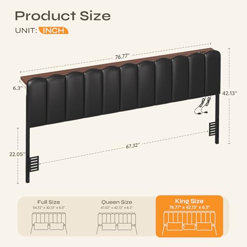 King LED Light Headboard with Storage Shelf, Black | RGB LED 20 colors 21 modes, remote control, scalloped tufted, USB-A & Type-C ports, storage shelf, adjustable, foam padded - color: Black, size: King