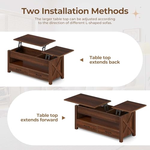 Multifunctional Lift Top Coffee Table, Convertible Wooden Coffee Table with 2 Drawers & Hidden Compartment, Storage Center Table for Living Room Home Office,Walnut Brown - color: Walnut Brown - 47.2 Inch