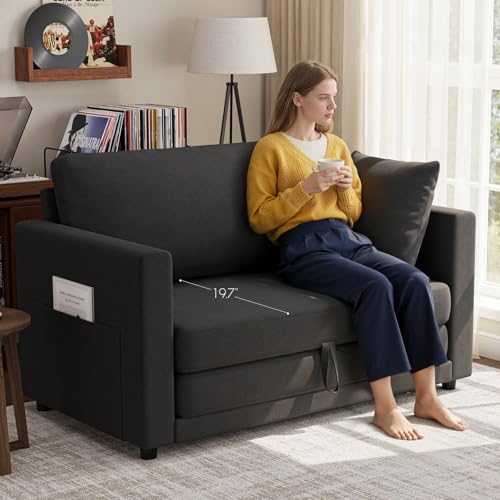 Convertible Loveseat Sofa Bed | Pull Out 78.7” Floor Couch Bed | Folding Sleeper Sofa Bed for Living Room, Apartment & Guest Room | Black - color: Black