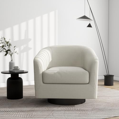 Swivel Barrel Accent Chair, Comfy Reading Armchair, Beige, Set of 1 | Club Chairs for Adults, Low-Back Design, Modern Round Style, Solid Wood Frame & Metal Swivel Base, For Living Room & Bedroom - color: Beige