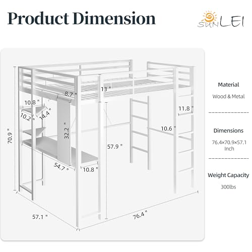 Loft Bed Full Size with Desk and Storage, Metal Full Size Loft Bed Frame with Dual Ladders, Safety Guard Rail, Space Saving Bed with Study Desk for Small Room, Teens Adults, Snowy White