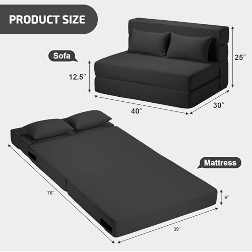 SUYOLS Folding Sofa Bed with Pillows- Convertible Chair Floor Couch & Sleeping Mattress, Foldable Memory Foam Sleeper for Living Room/Dorm/Guest Room/Home Office/Apartment/Loft, Twin, Dark Gray - color: Dark Gray, size: Twin