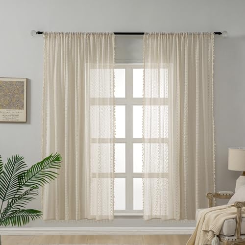 WAZZIO Boho Lace Curtains 72 Inches 2 Panel,Light Filtering Privacy Tassel & Geometry Crochet Semi Sheer Curtain Drapes for Bedroom Living Dining Room,Rod Pocket & Tassel,Vintage French Country,Beige - color: Beige, size: 59"W x 72"L (Pack of 2)