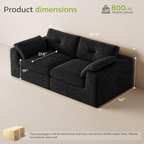 Homkdom 80.5" Loveseat Sofa, Modular Sectional Sofa, Comfy Cloud Couch Sectional Sofa Chenille Fabric Deep Seat Sofa for Small Living Room, Apartment, Studio, Office, Black - color: Black, size: Loveseat