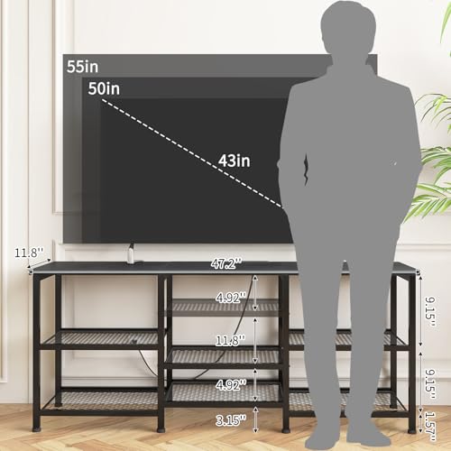 YGEOMER Entertainment Center for TVs Up to 50in with LED Lights, Black | Fits 32/40/43/48in TVs, 11.8in depth, 21.5in height, open shelves, 2 AC outlets,2 USB ports & 1 Type-C, bedroom living room - color: Black