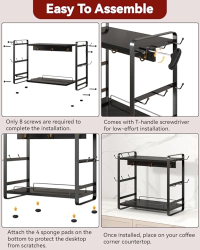 IBUYKE Kitchen Mug Cup Holder,2 Tier Coffee Bar Organizer,Black TBJ006B | Coffee Bar Station Countertop Organizer Coffee Mug Stand with 18 Hooks,Multifunctional Mug Tree for Home Kitchen Office - color: Black