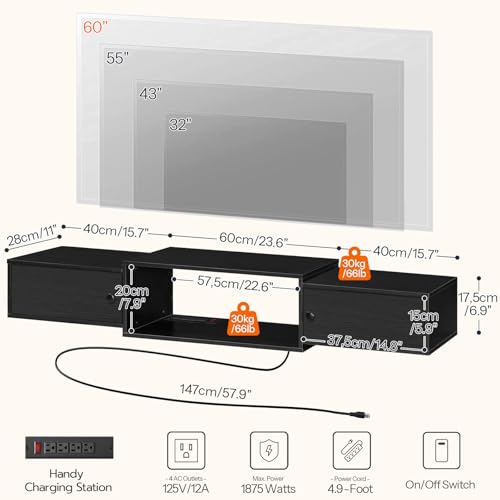 HOOBRO 55" Floating TV Stand with Power Outlets, Modern Wall Mounted Media Console Shelf with Doors, Entertainment Center for Under TV Storage, for Living Room, Bedroom, Black BK11UDS01 - color: Black